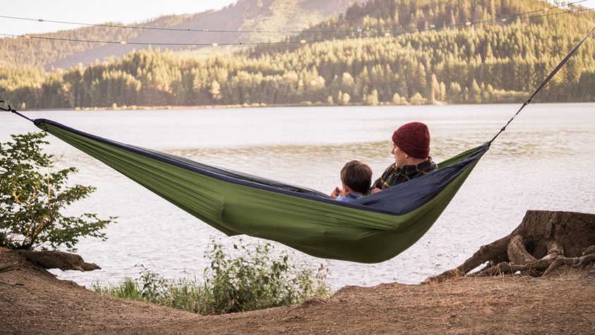 The image shows two people relaxing in a green hammock, suspended between two trees on a scenic lakeshore. The pair is facing the lake, which reflects the surrounding greenery and distant mountains. The water is calm, and the landscape is lush with a dense forest of evergreen trees. Above them, fairy lights are strung between the trees, adding a cozy ambiance. The foreground features earthy ground and scattered vegetation, with tree roots visible near the right side. The atmosphere is serene and idyllic